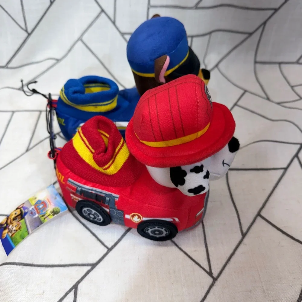 Paw Patrol Toddler Plush Slippers Size 5-6 Red Blue Chase Marshall 3D Vehicle